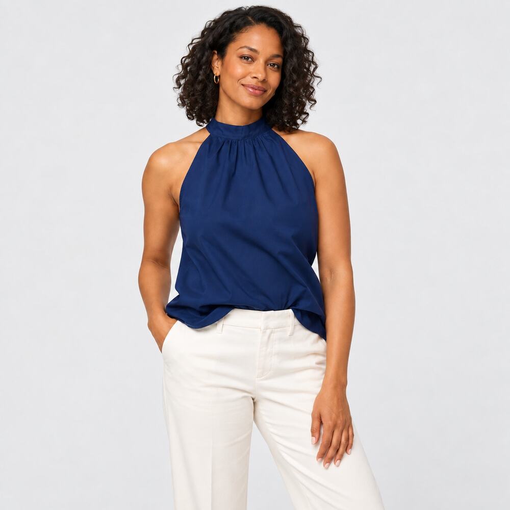 J.Crew Blouse WMNS S Navy High Neck Tie Bow Sleeveless Cotton Modern Preppy